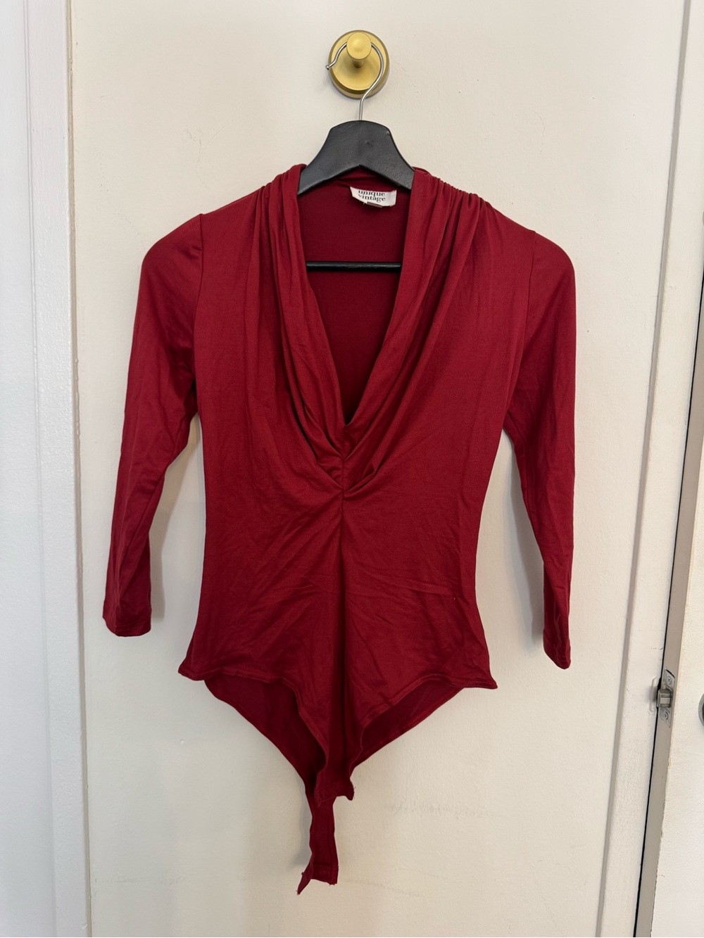 Unique Vintage Wine Red Draped V-Neck Bodysuit